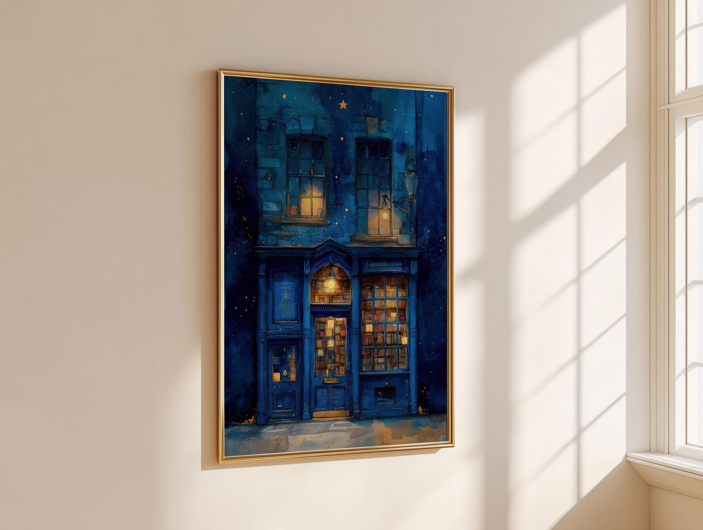 Starry Night Blue Bookshop Print | Cozy Wall Decor | Book Lover Gift | Book Nook Poster | Book Art | Aesthetic Room | Reader Home Art - Book Poster Art Print Decor Bookish
