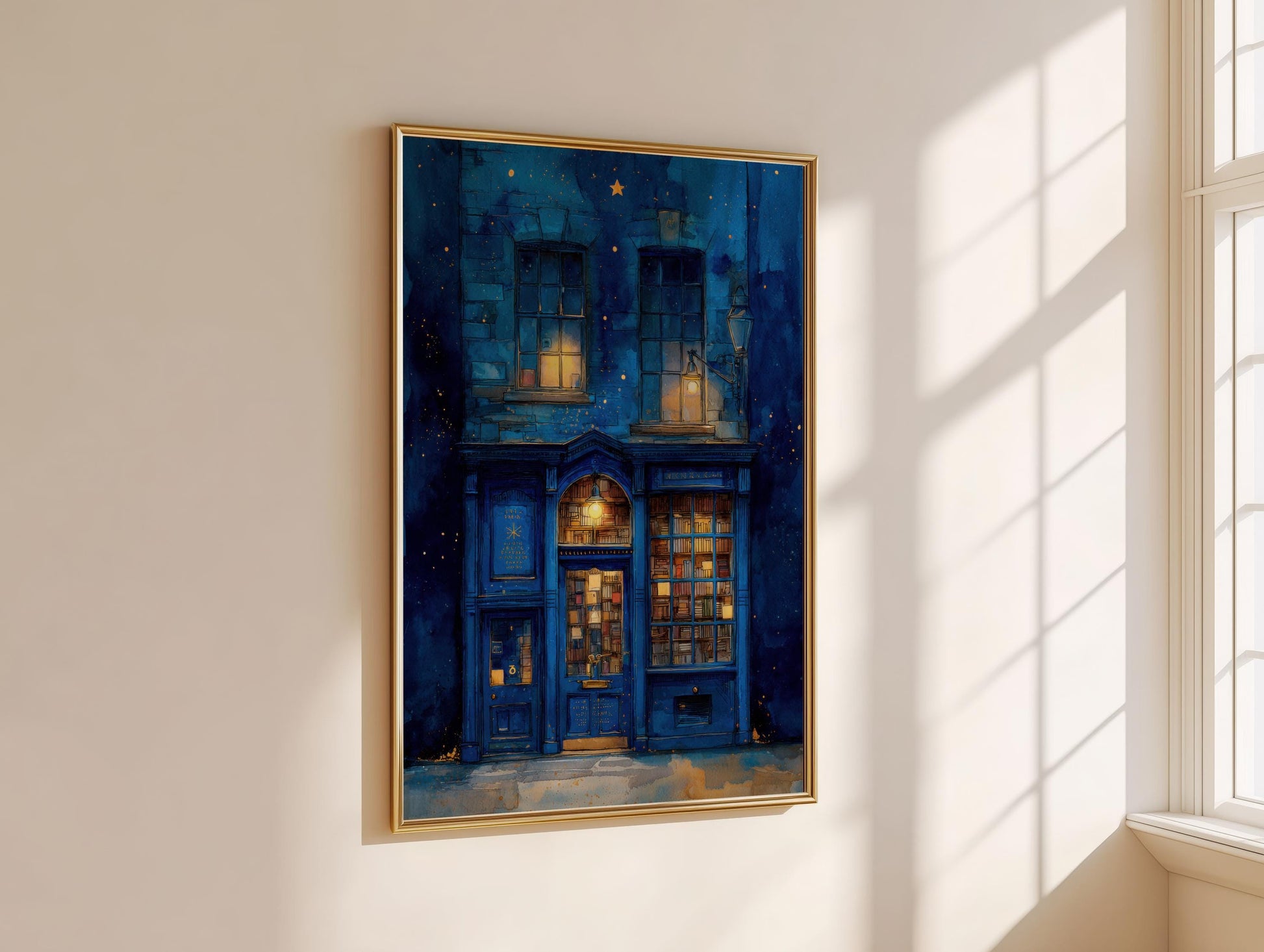 Starry Night Blue Bookshop Print | Cozy Wall Decor | Book Lover Gift | Book Nook Poster | Book Art | Aesthetic Room | Reader Home Art - Book Poster Art Print Decor Bookish