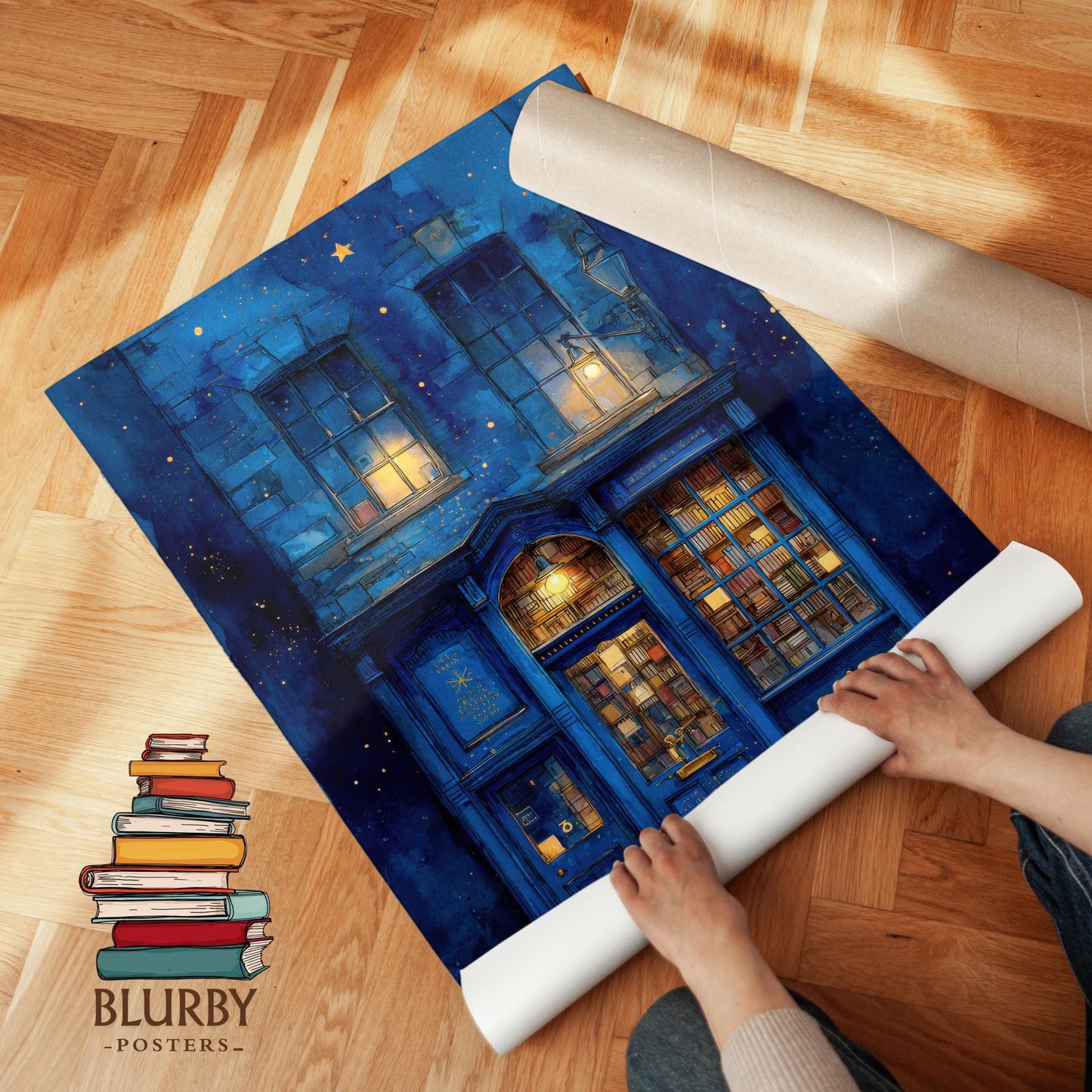 Starry Night Blue Bookshop Print | Cozy Wall Decor | Book Lover Gift | Book Nook Poster | Book Art | Aesthetic Room | Reader Home Art - Book Poster Art Print Decor Bookish