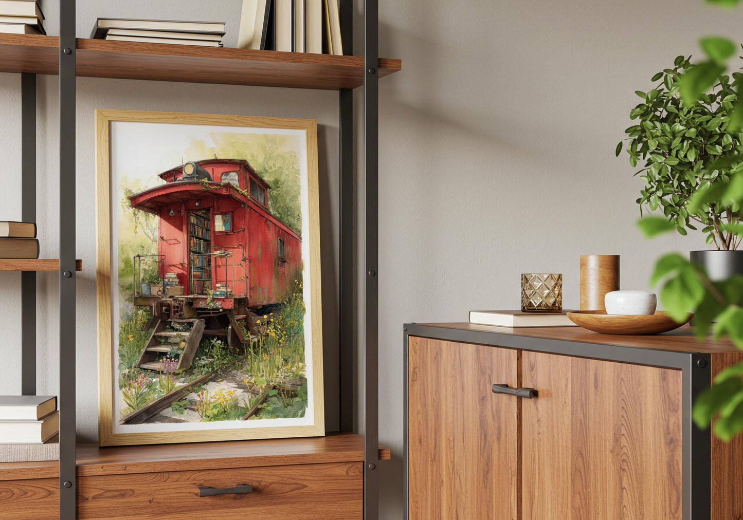 Vintage Red Caboose Train Library Print | Cozy Wall Decor | Book Lover Gift | Book Nook Poster | Book Art | Aesthetic Room | Reader Home Art - Book Poster Art Print Decor Bookish