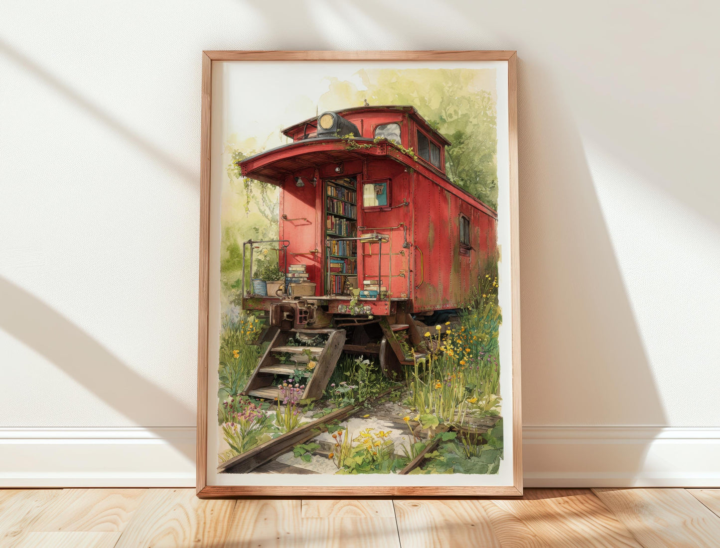 Vintage Red Caboose Train Library Print | Cozy Wall Decor | Book Lover Gift | Book Nook Poster | Book Art | Aesthetic Room | Reader Home Art - Book Poster Art Print Decor Bookish