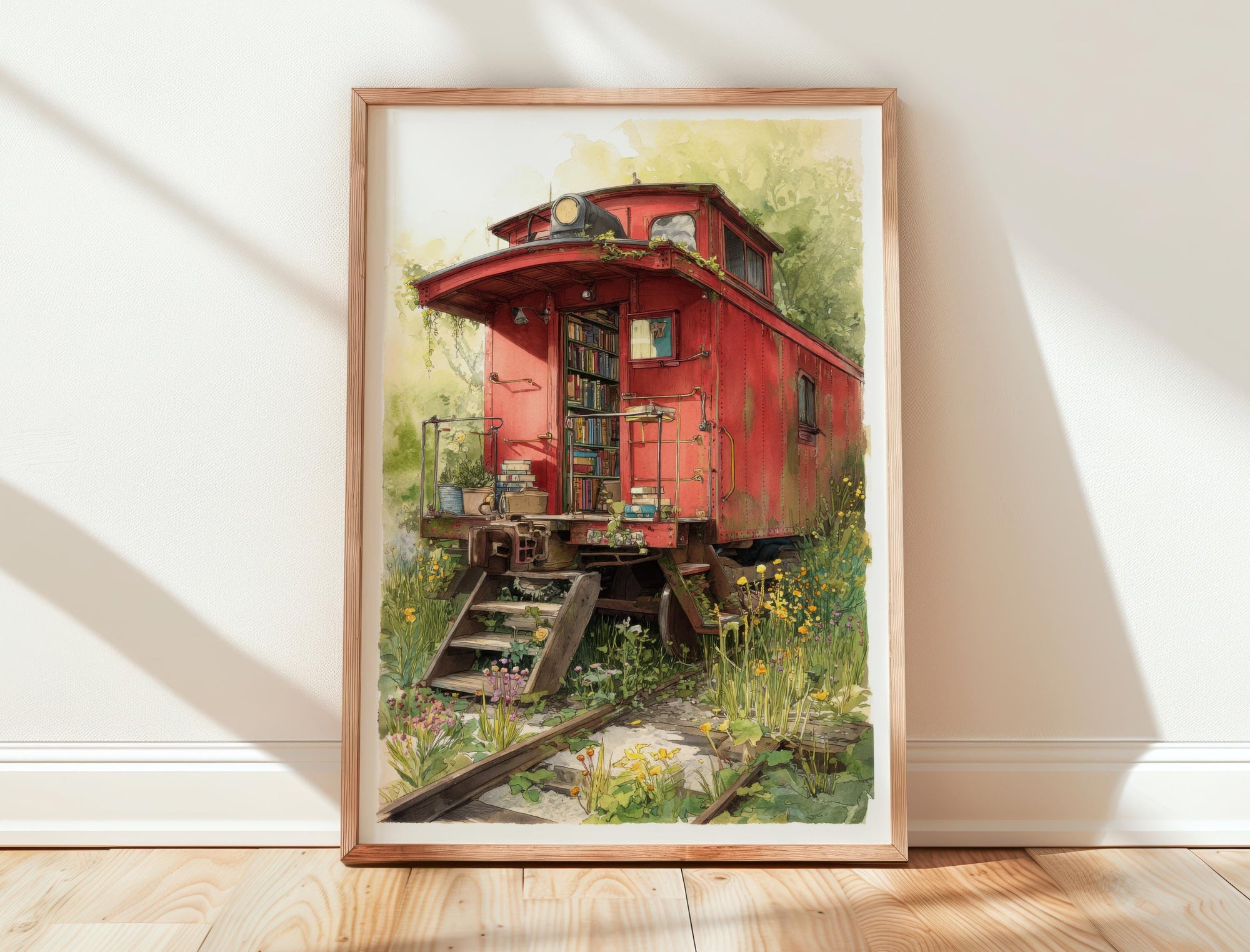 Vintage Red Caboose Train Library Print | Cozy Wall Decor | Book Lover Gift | Book Nook Poster | Book Art | Aesthetic Room | Reader Home Art - Book Poster Art Print Decor Bookish