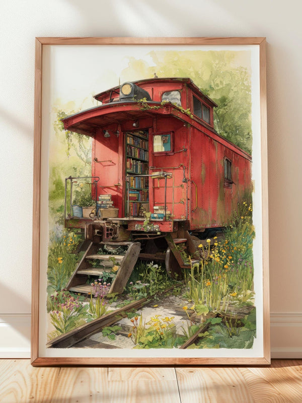 Vintage Red Caboose Train Library Print | Cozy Wall Decor | Book Lover Gift | Book Nook Poster | Book Art | Aesthetic Room | Reader Home Art - Book Poster Art Print Decor Bookish