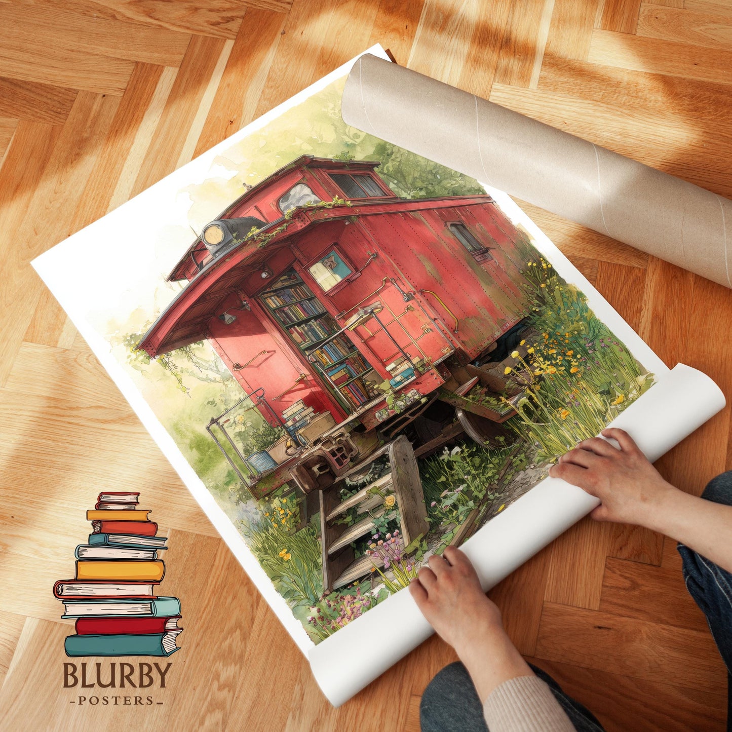 Vintage Red Caboose Train Library Print | Cozy Wall Decor | Book Lover Gift | Book Nook Poster | Book Art | Aesthetic Room | Reader Home Art - Book Poster Art Print Decor Bookish