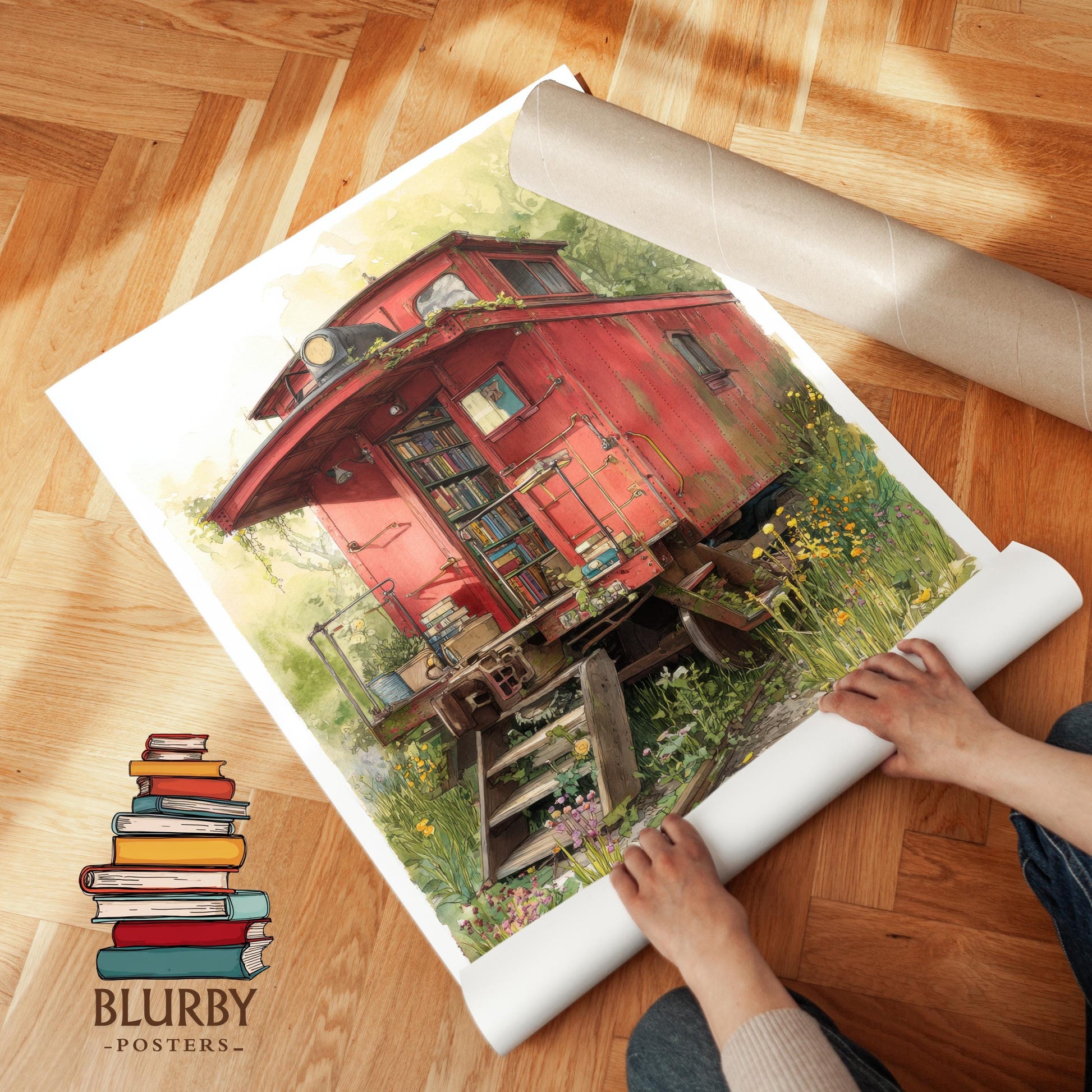 Vintage Red Caboose Train Library Print | Cozy Wall Decor | Book Lover Gift | Book Nook Poster | Book Art | Aesthetic Room | Reader Home Art - Book Poster Art Print Decor Bookish