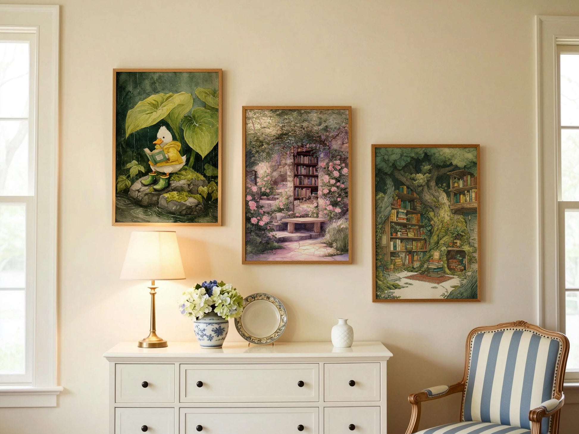 Wisteria and Pink Rose Stone Arch Print | Cozy Wall Decor | Book Lover Gift | Book Nook Poster | Book Art | Aesthetic Room | Reader Home Art - Book Poster Art Print Decor Bookish