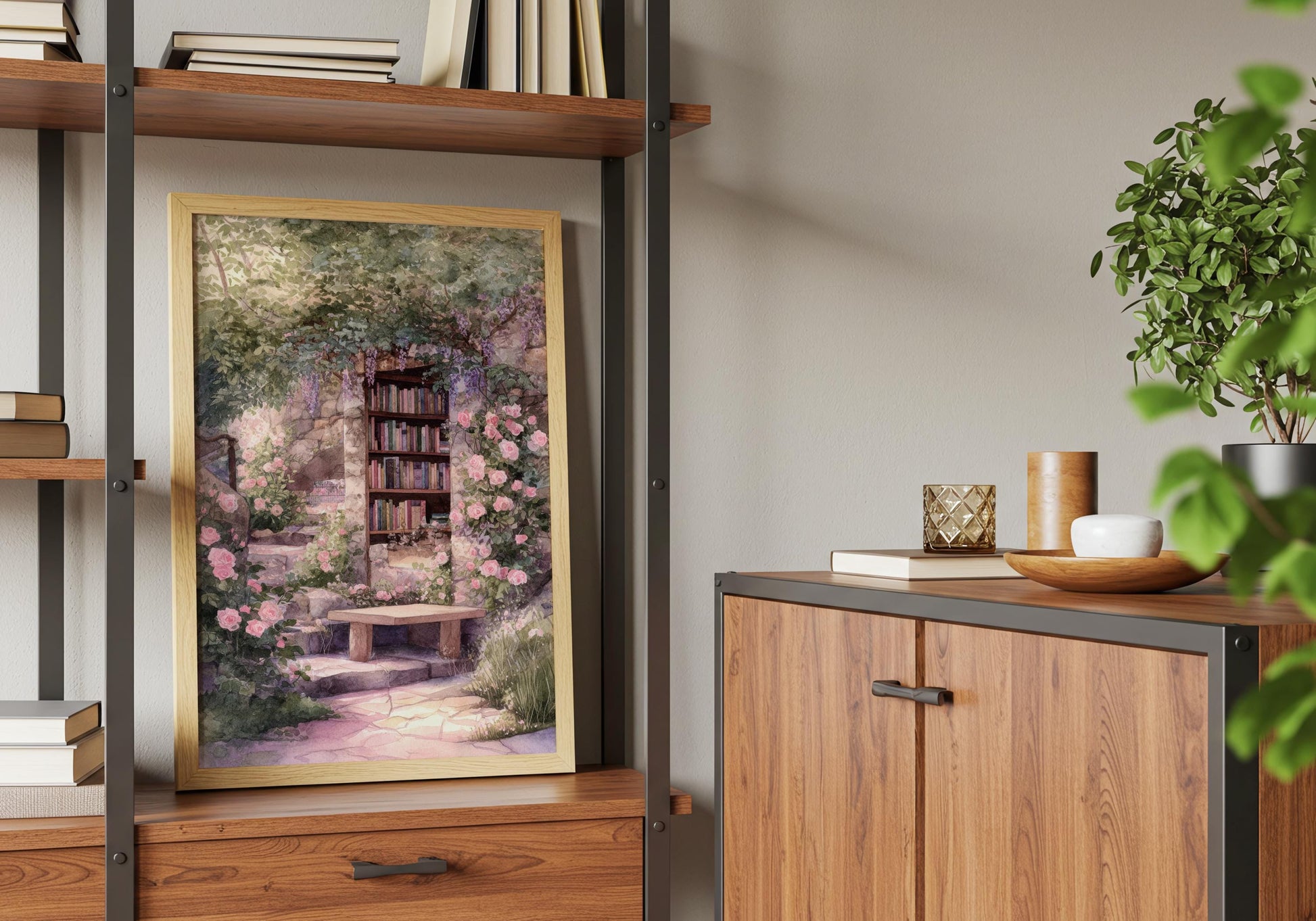 Wisteria and Pink Rose Stone Arch Print | Cozy Wall Decor | Book Lover Gift | Book Nook Poster | Book Art | Aesthetic Room | Reader Home Art - Book Poster Art Print Decor Bookish