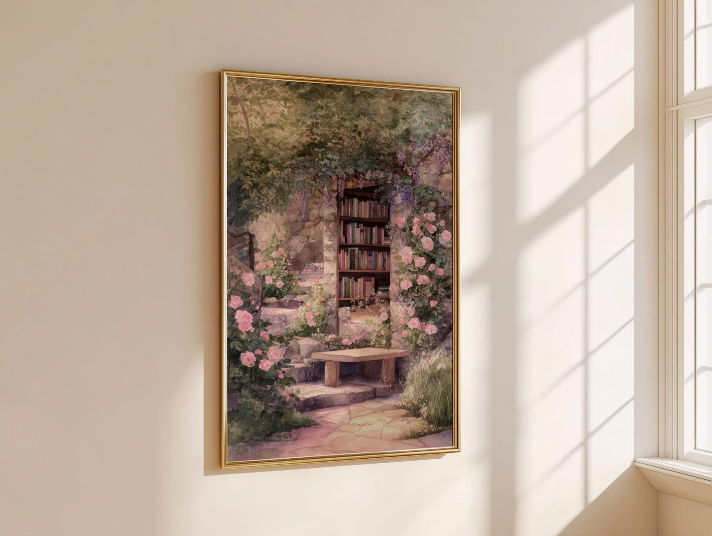 Wisteria and Pink Rose Stone Arch Print | Cozy Wall Decor | Book Lover Gift | Book Nook Poster | Book Art | Aesthetic Room | Reader Home Art - Book Poster Art Print Decor Bookish