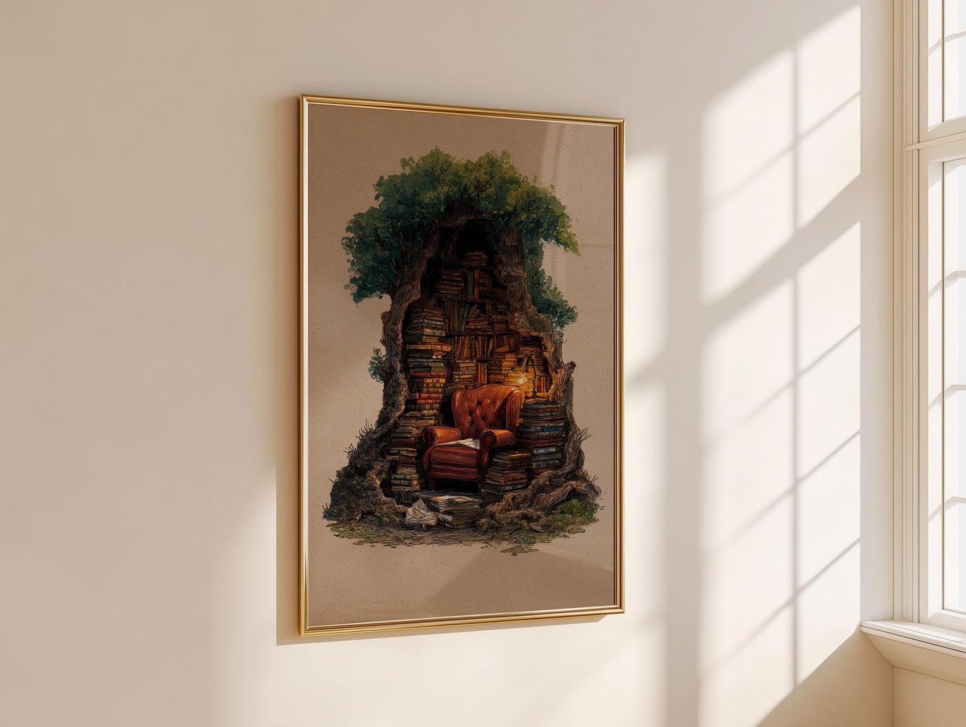 Hollow Tree Library Print | Cozy Wall Decor | Book Lover Gift | Book Nook Poster | Book Art | Aesthetic Room | Reader Home Art - Book Poster Art Print Decor Bookish
