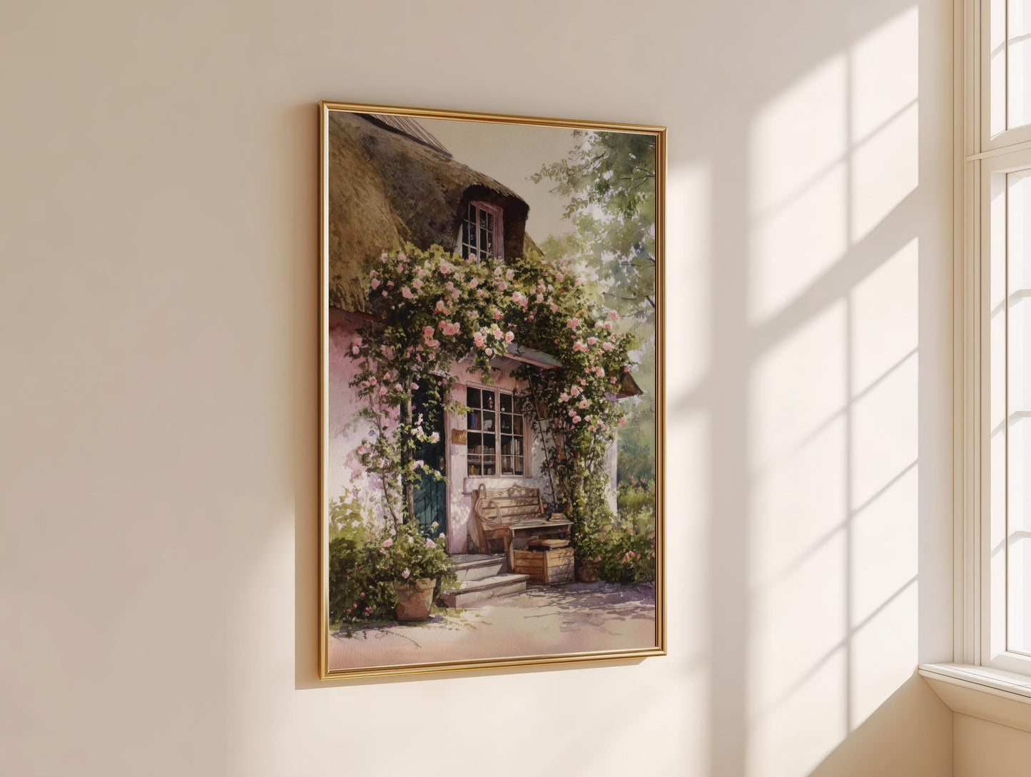 Pink Thatch Cottage Rose Garden Print | Cozy Wall Decor | Book Lover Gift | Book Nook Poster | Book Art | Aesthetic Room | Reader Home Art - Book Poster Art Print Decor Bookish