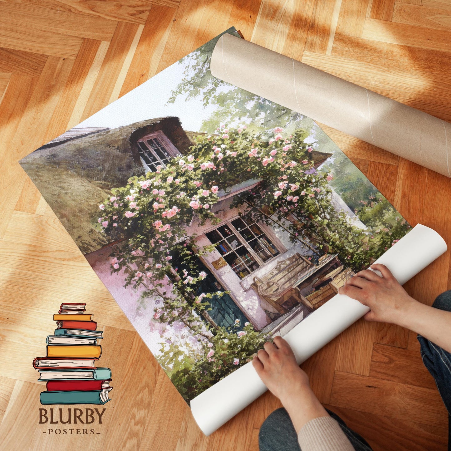 Pink Thatch Cottage Rose Garden Print | Cozy Wall Decor | Book Lover Gift | Book Nook Poster | Book Art | Aesthetic Room | Reader Home Art - Book Poster Art Print Decor Bookish