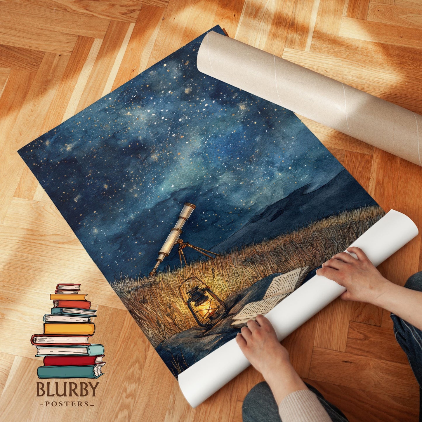 Starry Night Sky Telescope Print | Cozy Wall Decor | Book Lover Gift | Book Nook Poster | Book Art | Aesthetic Room | Reader Home Art - Book Poster Art Print Decor Bookish