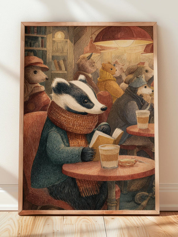 Badger Book Print | Cozy Wall Decor | Cute Gift For Book Lover | Book Nook Poster | Book Art | Gift For Reader | Aesthetic Room Art - Book Poster Art Print Decor Bookish