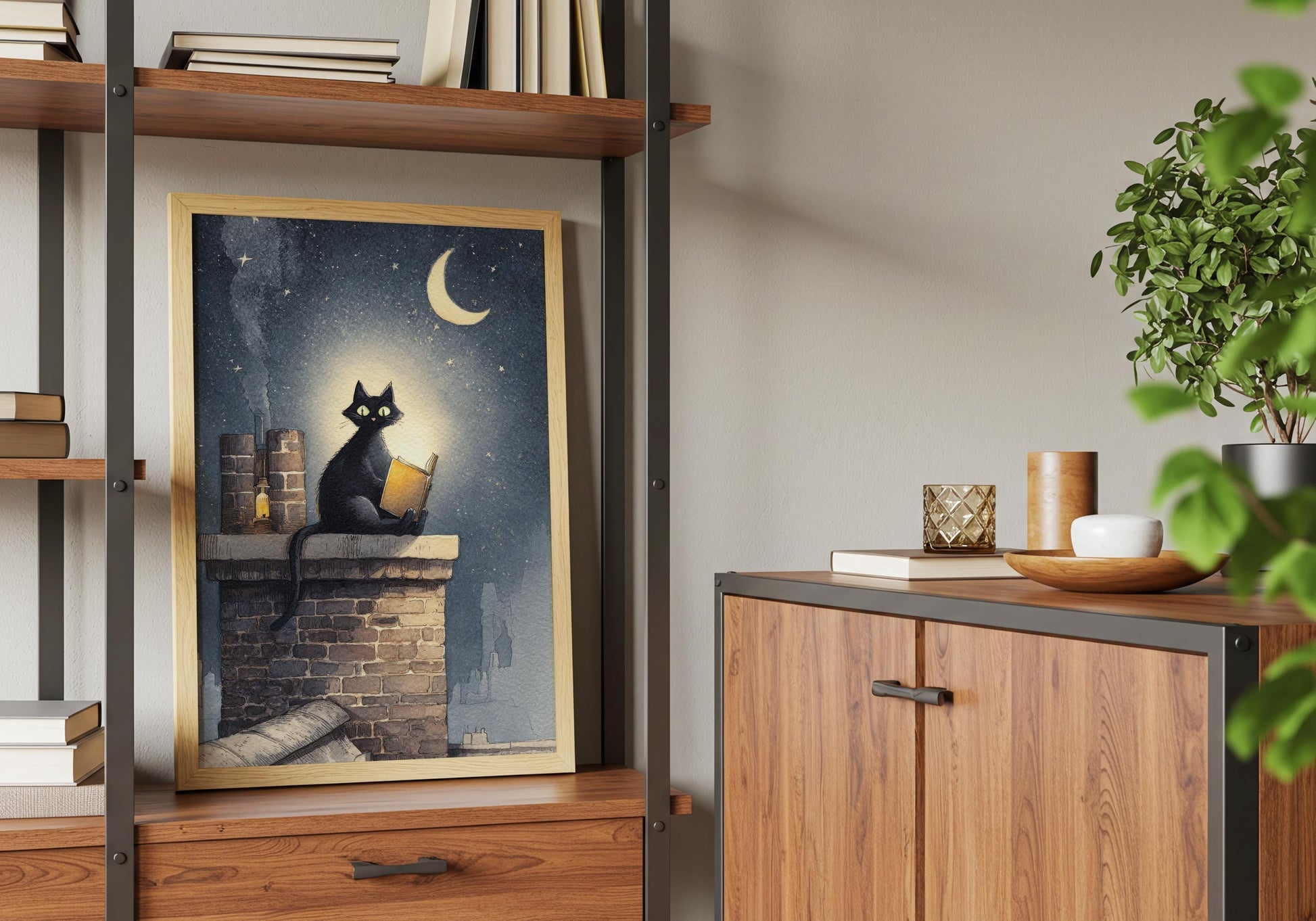 Cat on Roof Book Print | Cozy Wall Decor | Cute Gift For Book Lover | Book Nook Poster | Book Art | Gift For Reader | Aesthetic Room Art - Book Poster Art Print Decor Bookish