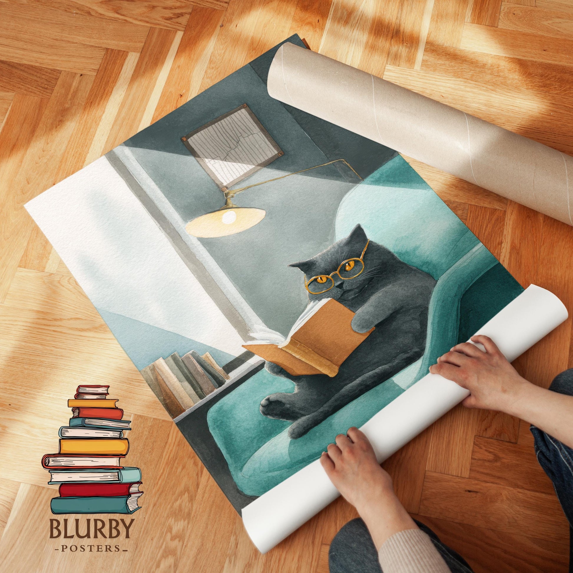 British Blue Cat Print | Cozy Wall Decor | Cute Gift For Book Lover | Book Nook Poster | Book Art | Gift For Reader | Aesthetic Room Art - Book Poster Art Print Decor Bookish