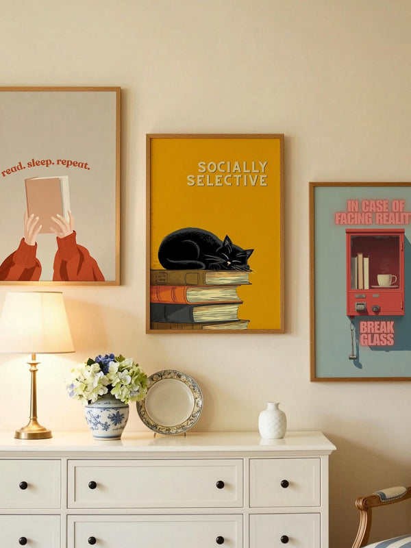 Socially Selective Cat Art | Funny Sarcastic Cat | Cozy Wall Art | Book Lover Gift | Reading Nook Poster | Book Poster | Aesthetic Room Art - Book Poster Art Print Decor Bookish