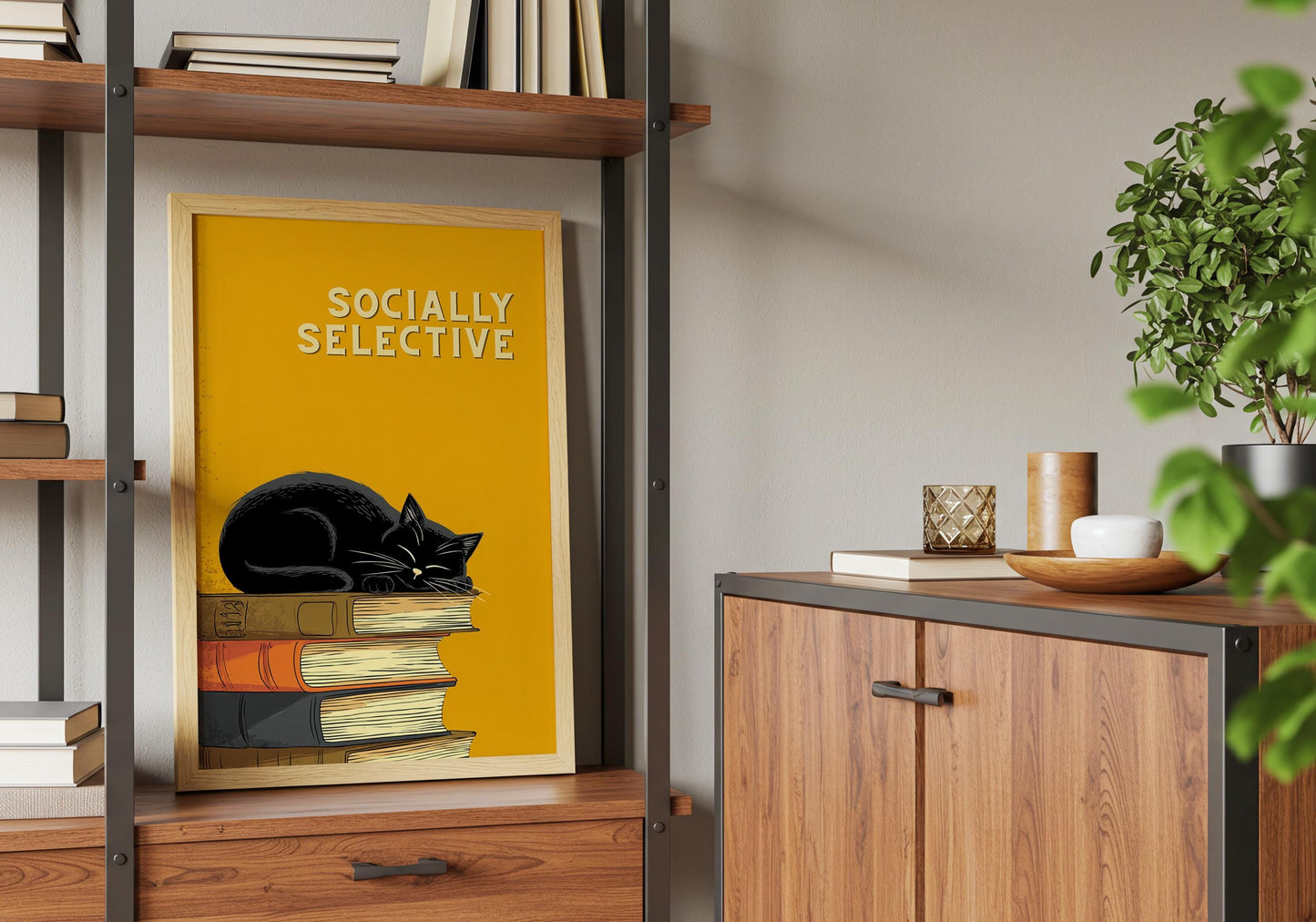 Socially Selective Cat Art | Funny Sarcastic Cat | Cozy Wall Art | Book Lover Gift | Reading Nook Poster | Book Poster | Aesthetic Room Art - Book Poster Art Print Decor Bookish