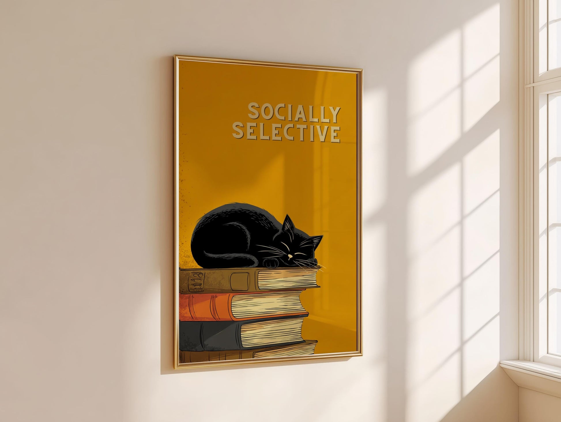 Socially Selective Cat Art | Funny Sarcastic Cat | Cozy Wall Art | Book Lover Gift | Reading Nook Poster | Book Poster | Aesthetic Room Art - Book Poster Art Print Decor Bookish