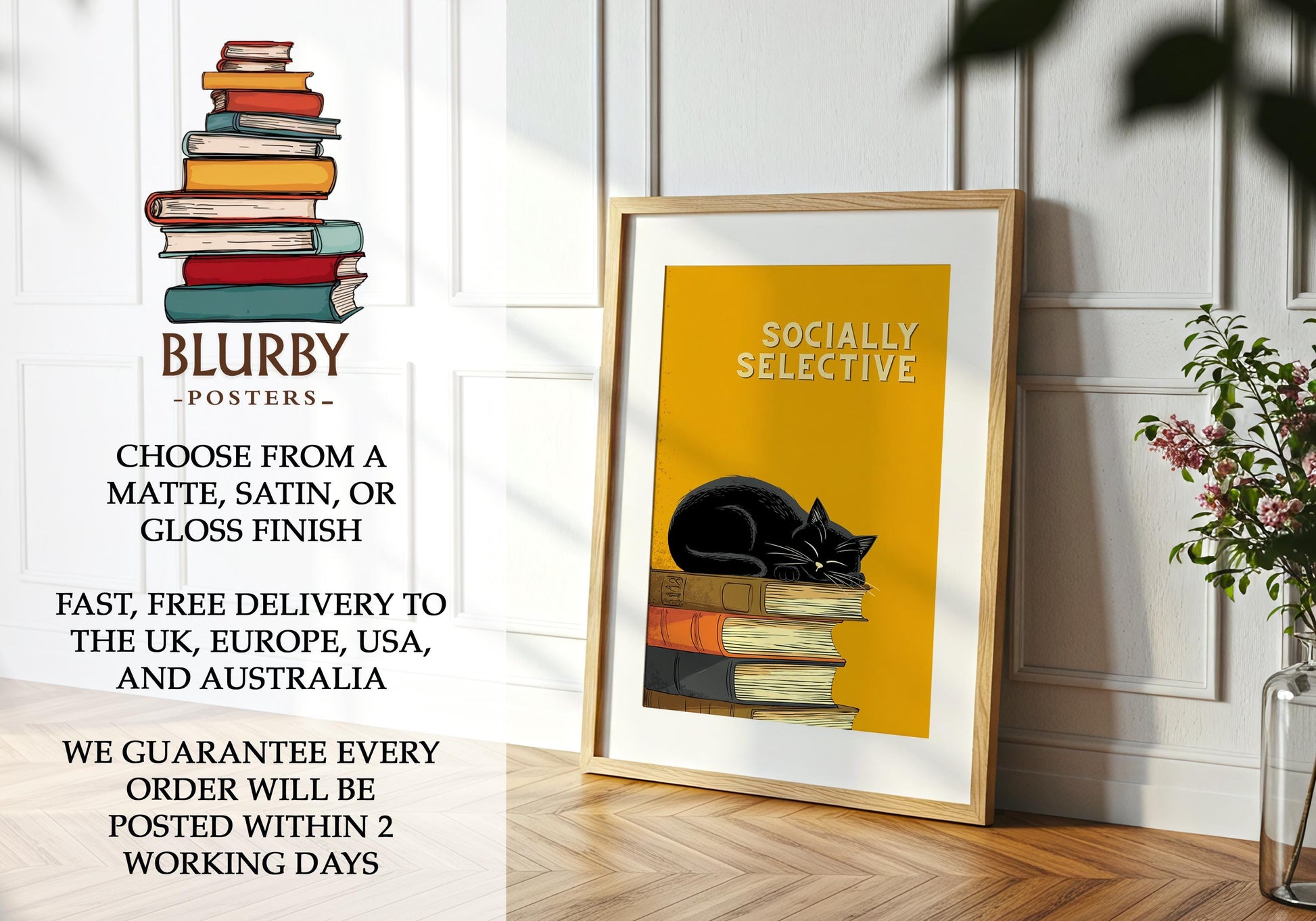 Socially Selective Cat Art | Funny Sarcastic Cat | Cozy Wall Art | Book Lover Gift | Reading Nook Poster | Book Poster | Aesthetic Room Art - Book Poster Art Print Decor Bookish