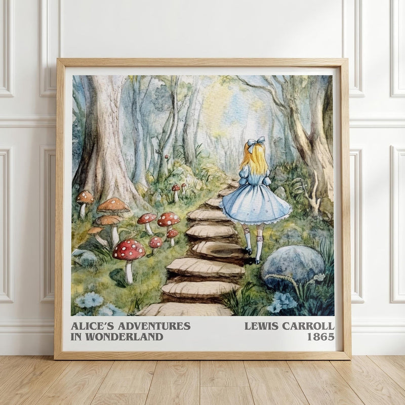 Alice's Adventures in Wonderland literary print in frame leaning in hallway – childrens wall art