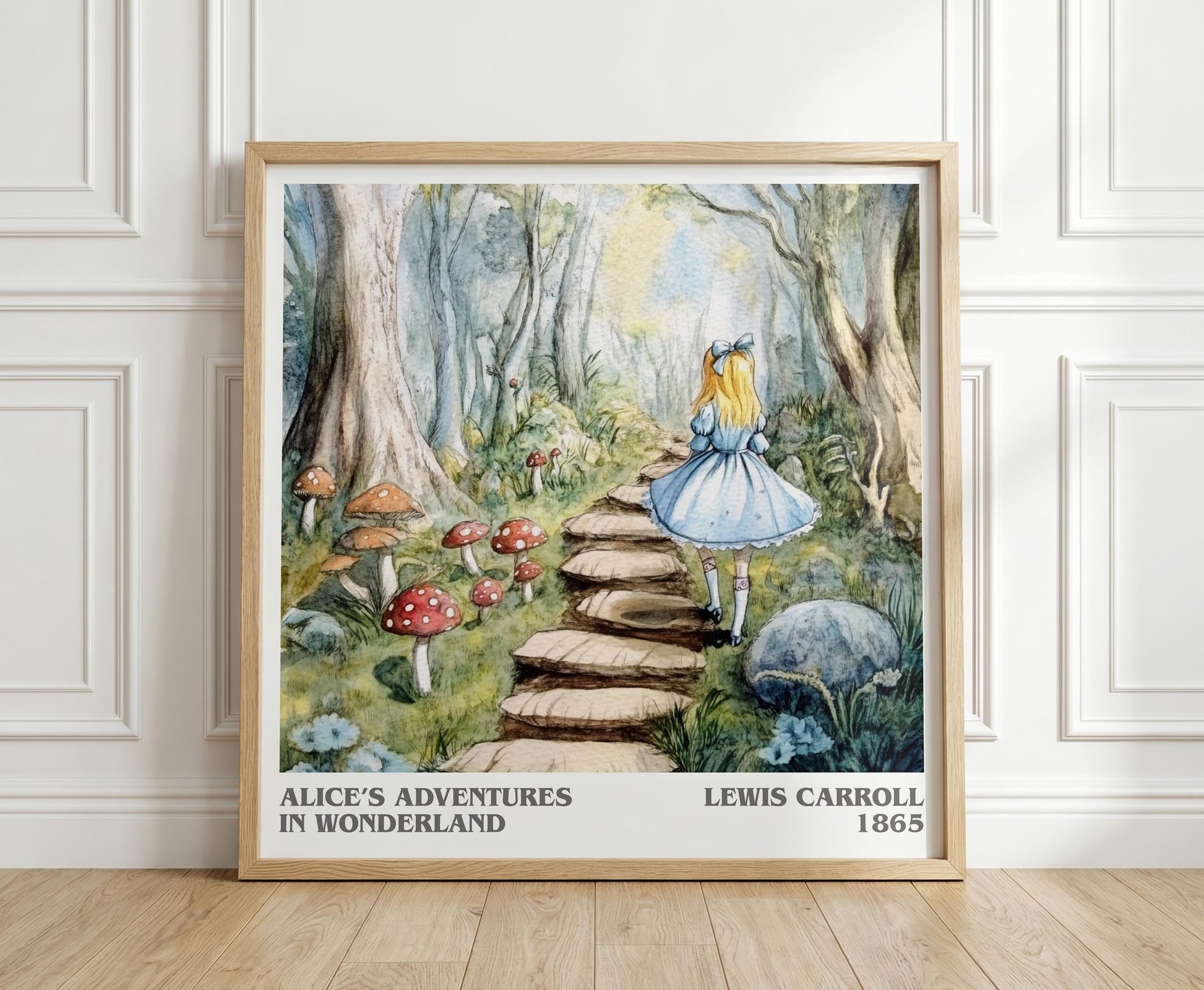 Alice's Adventures in Wonderland literary print in frame leaning in hallway – childrens wall art