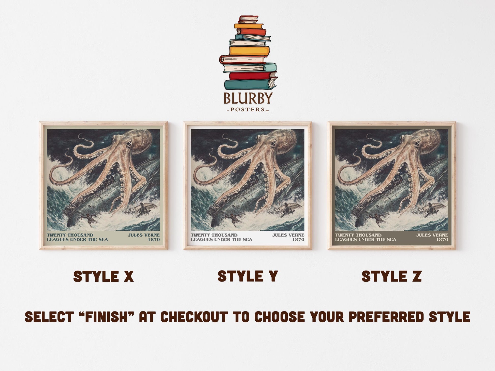 Twenty Thousand Leagues Under the Sea literary art print colour and style options – Jules Verne book art