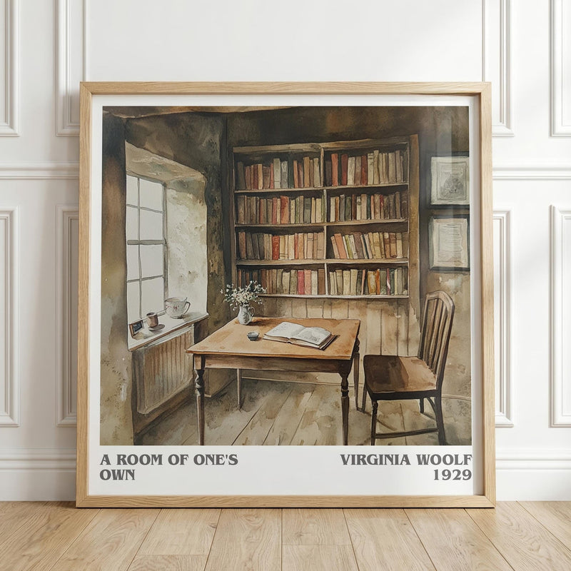 A Room Of One's Own literary print in frame leaning in hallway – non fiction wall art
