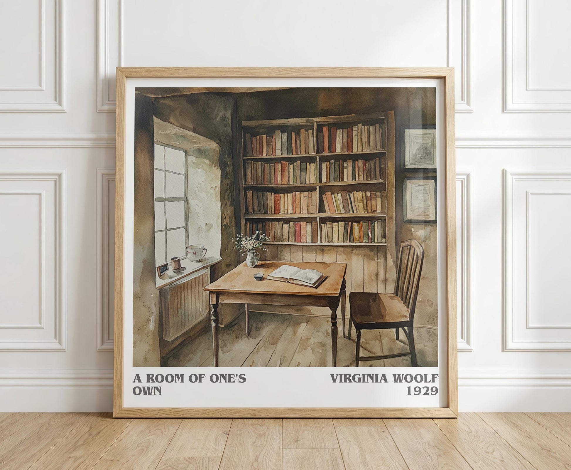A Room Of One's Own literary print in frame leaning in hallway – non fiction wall art