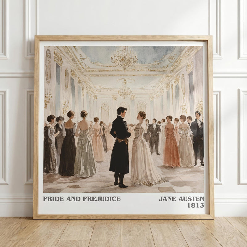 Pride and Prejudice literary print in frame leaning in hallway – classic literature wall art