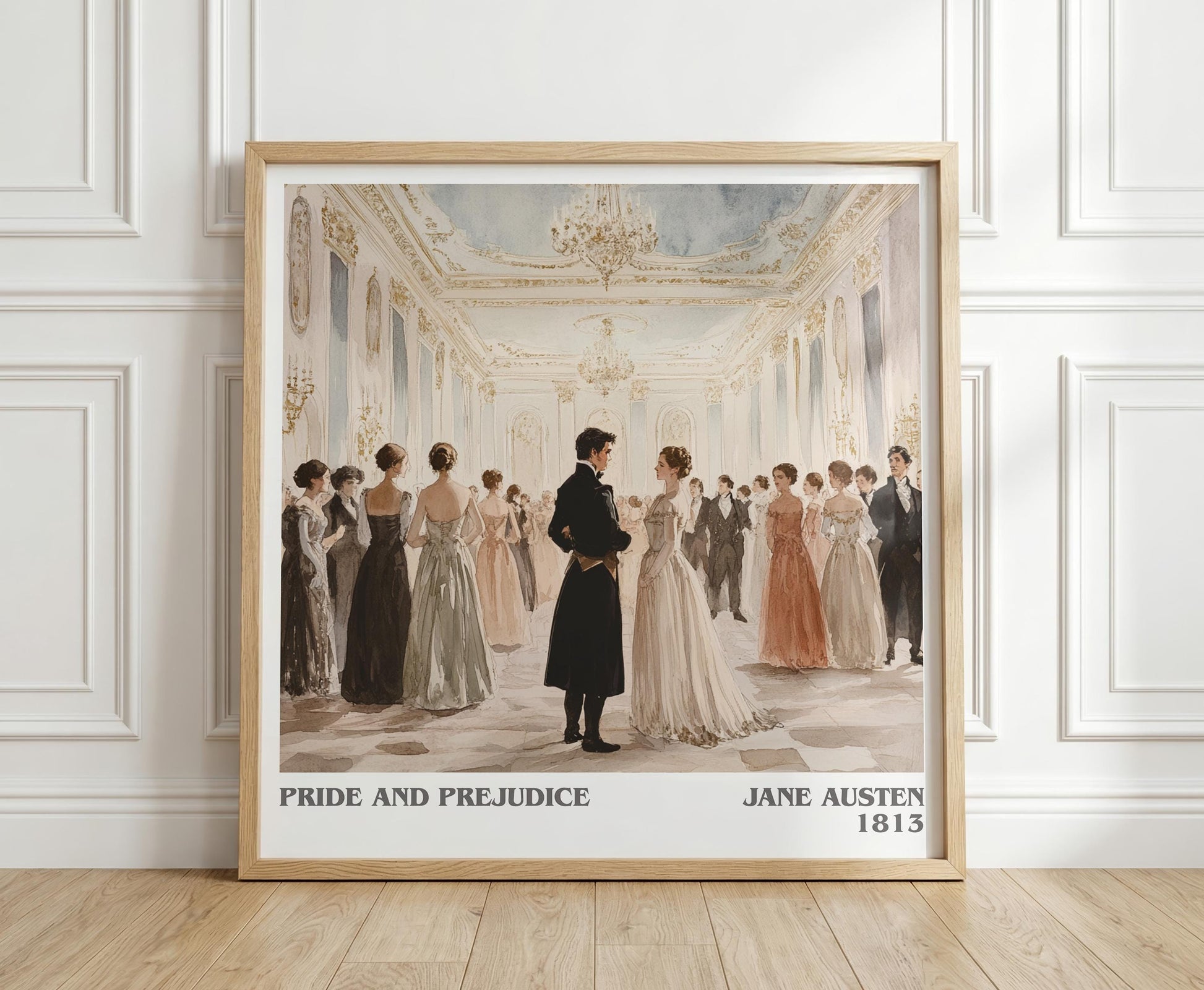 Pride and Prejudice literary print in frame leaning in hallway – classic literature wall art
