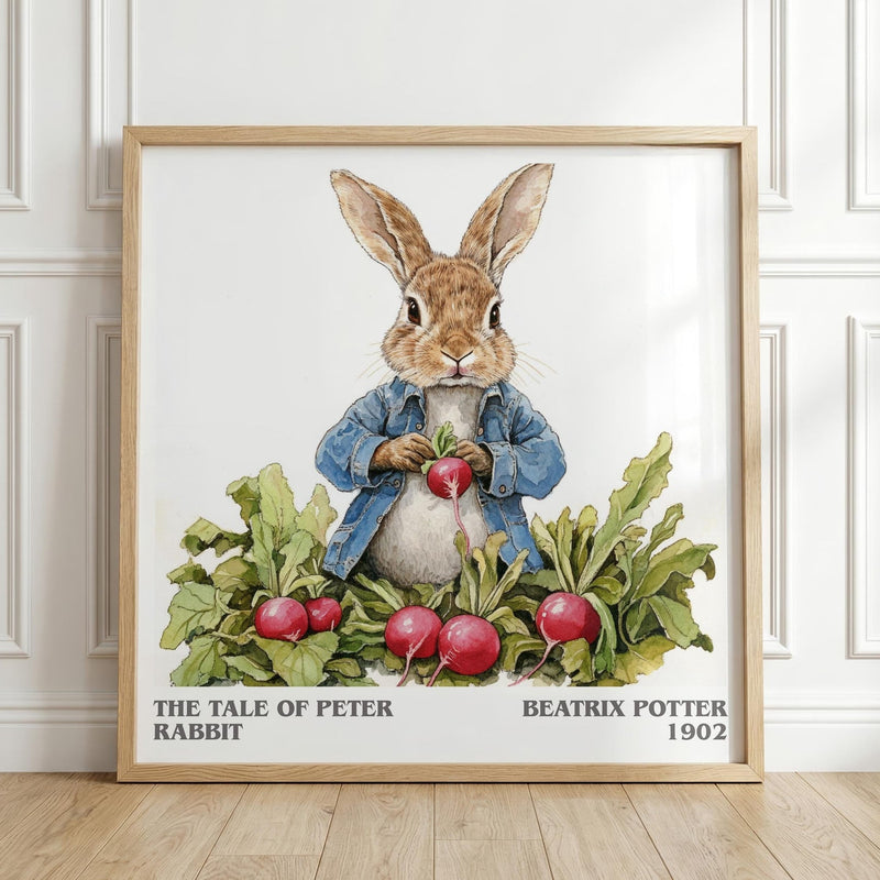 The Tale of Peter Rabbit literary print in frame leaning in hallway – childrens wall art