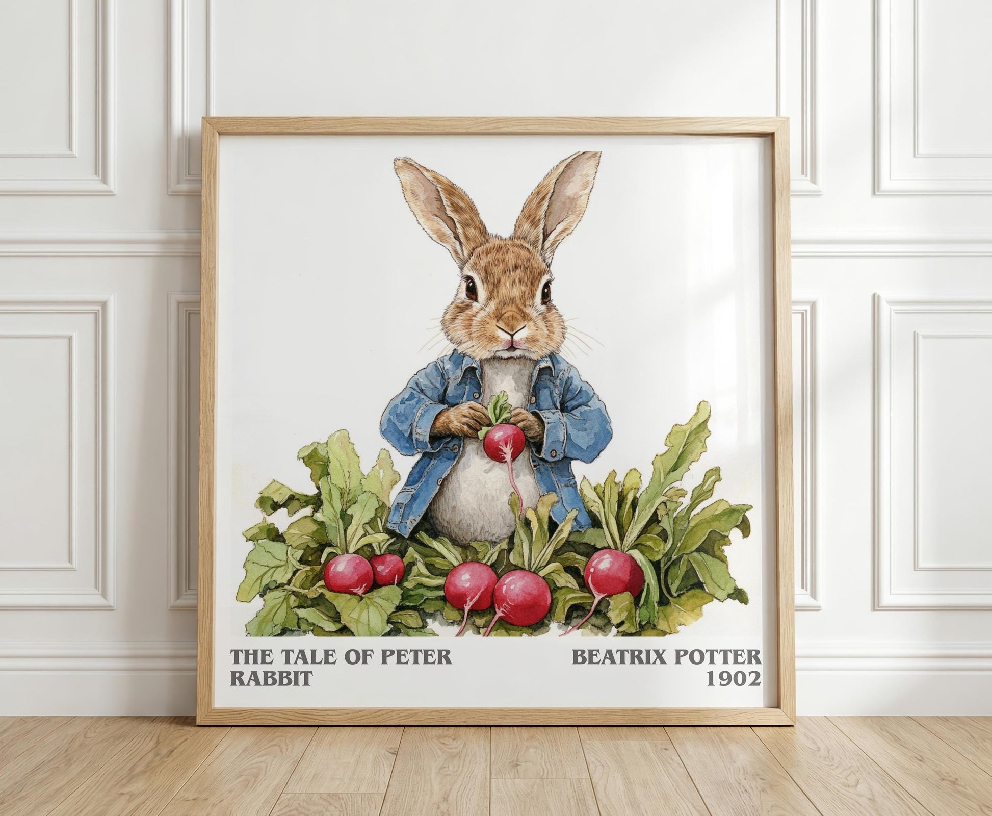 The Tale of Peter Rabbit literary print in frame leaning in hallway – childrens wall art
