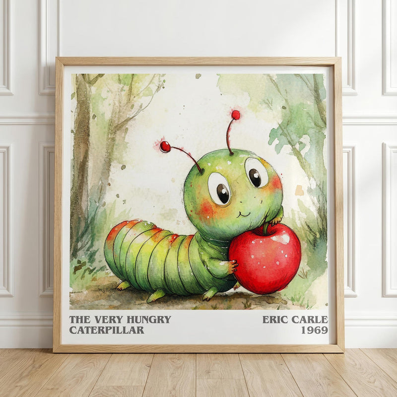 The Very Hungry Caterpillar literary print in frame leaning in hallway – childrens wall art