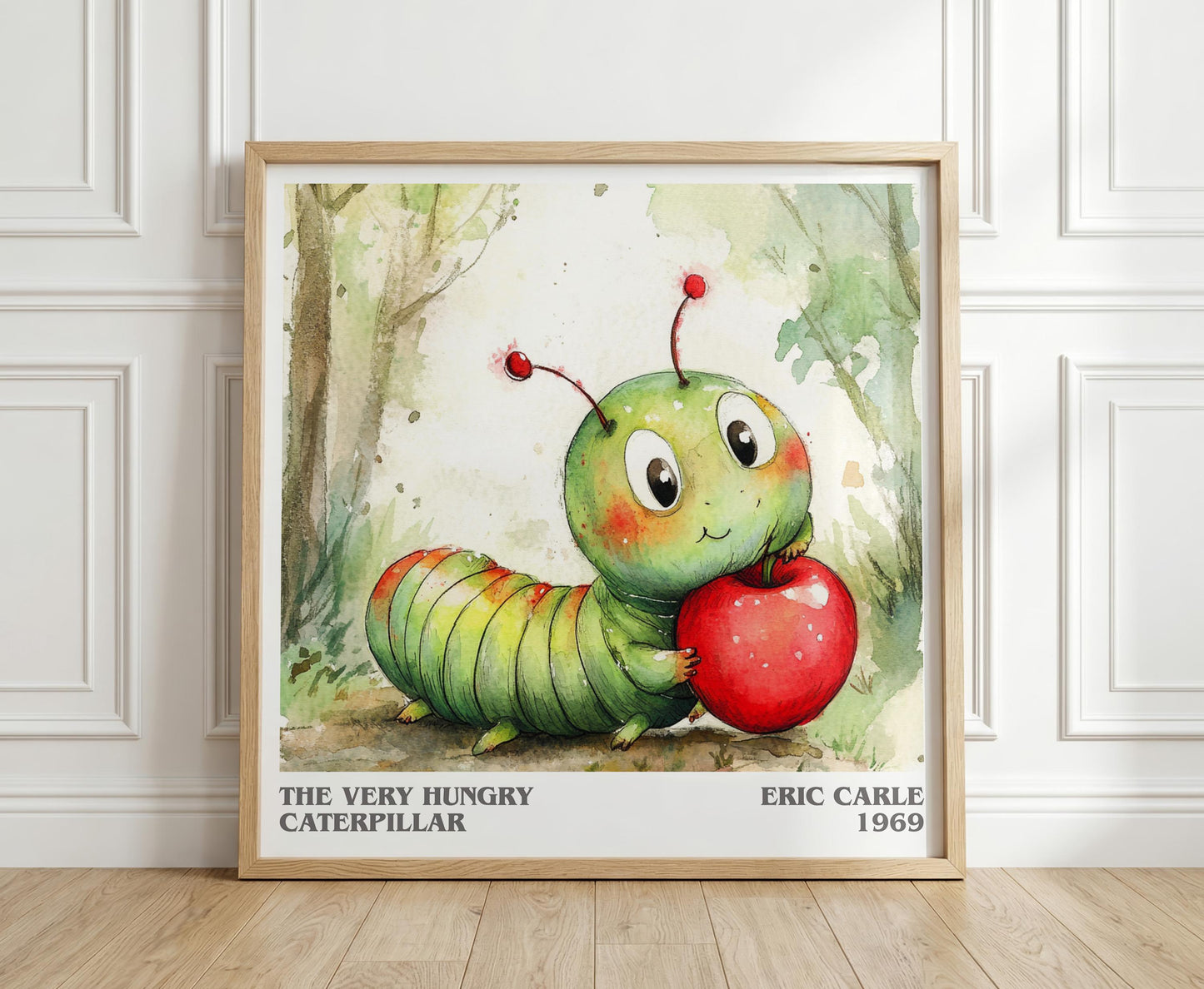 The Very Hungry Caterpillar literary print in frame leaning in hallway – childrens wall art