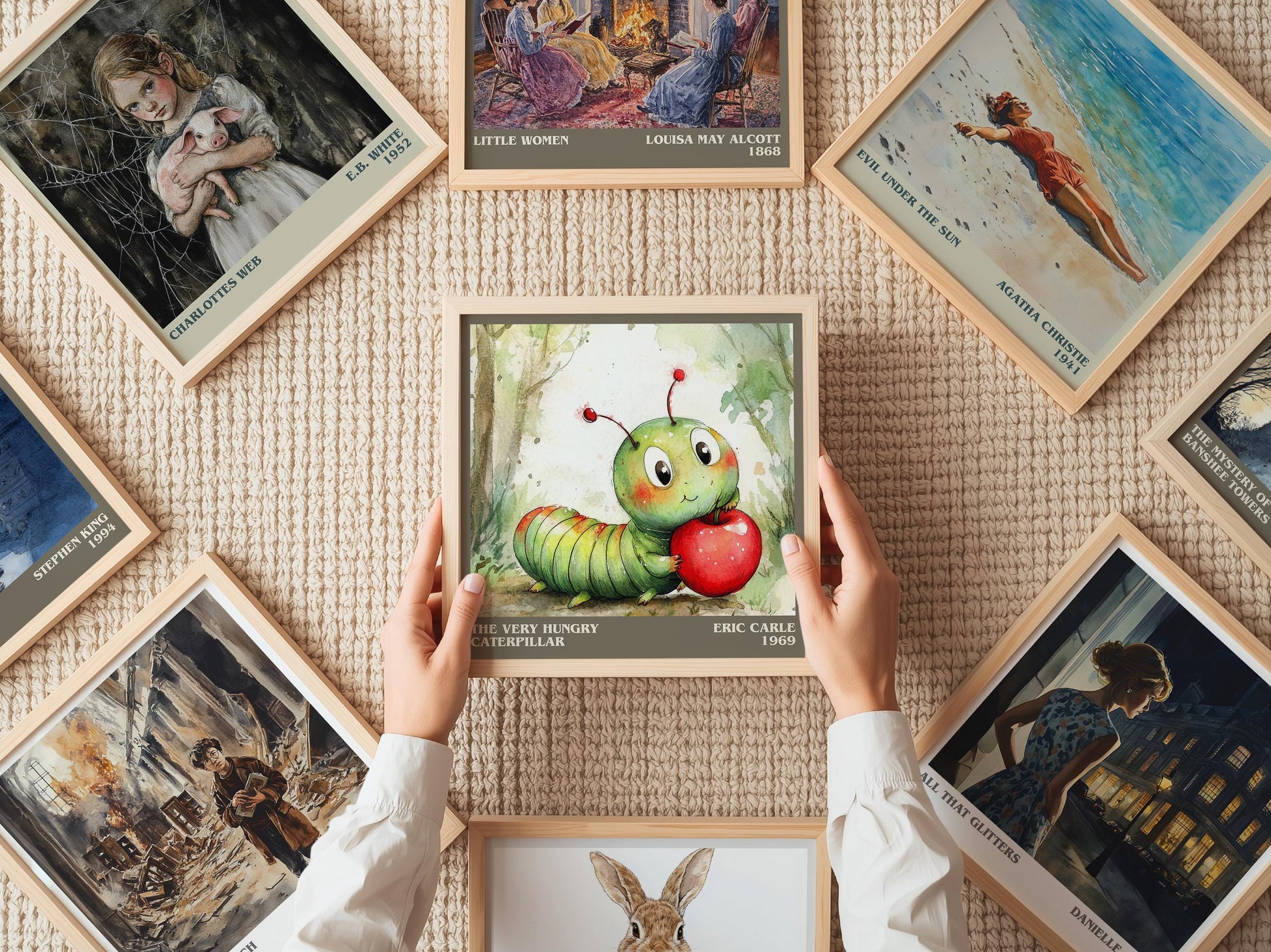 The Very Hungry Caterpillar literary print on bookshelf – Eric Carle fan gift