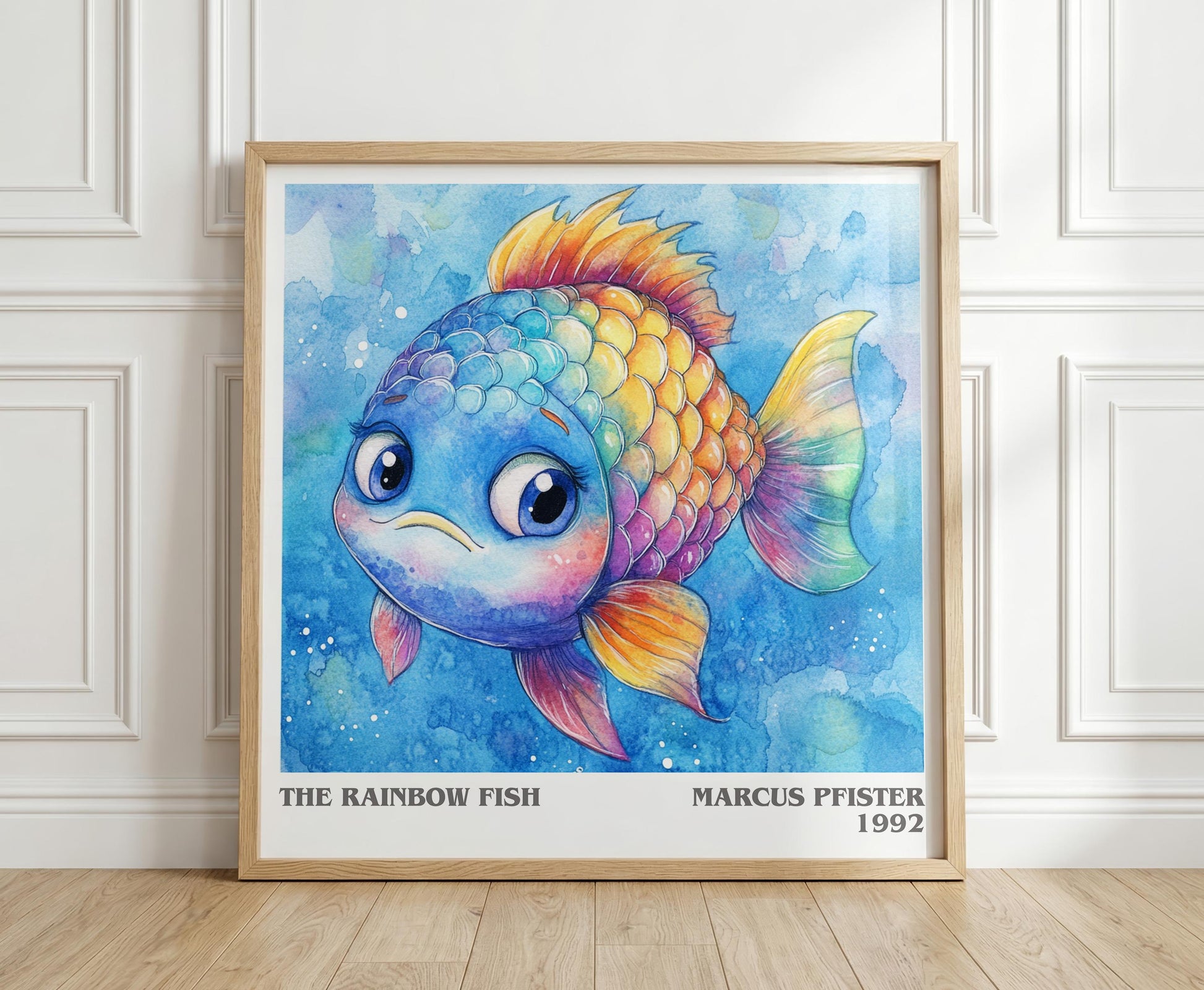 The Rainbow Fish literary print in frame leaning in hallway – childrens wall art