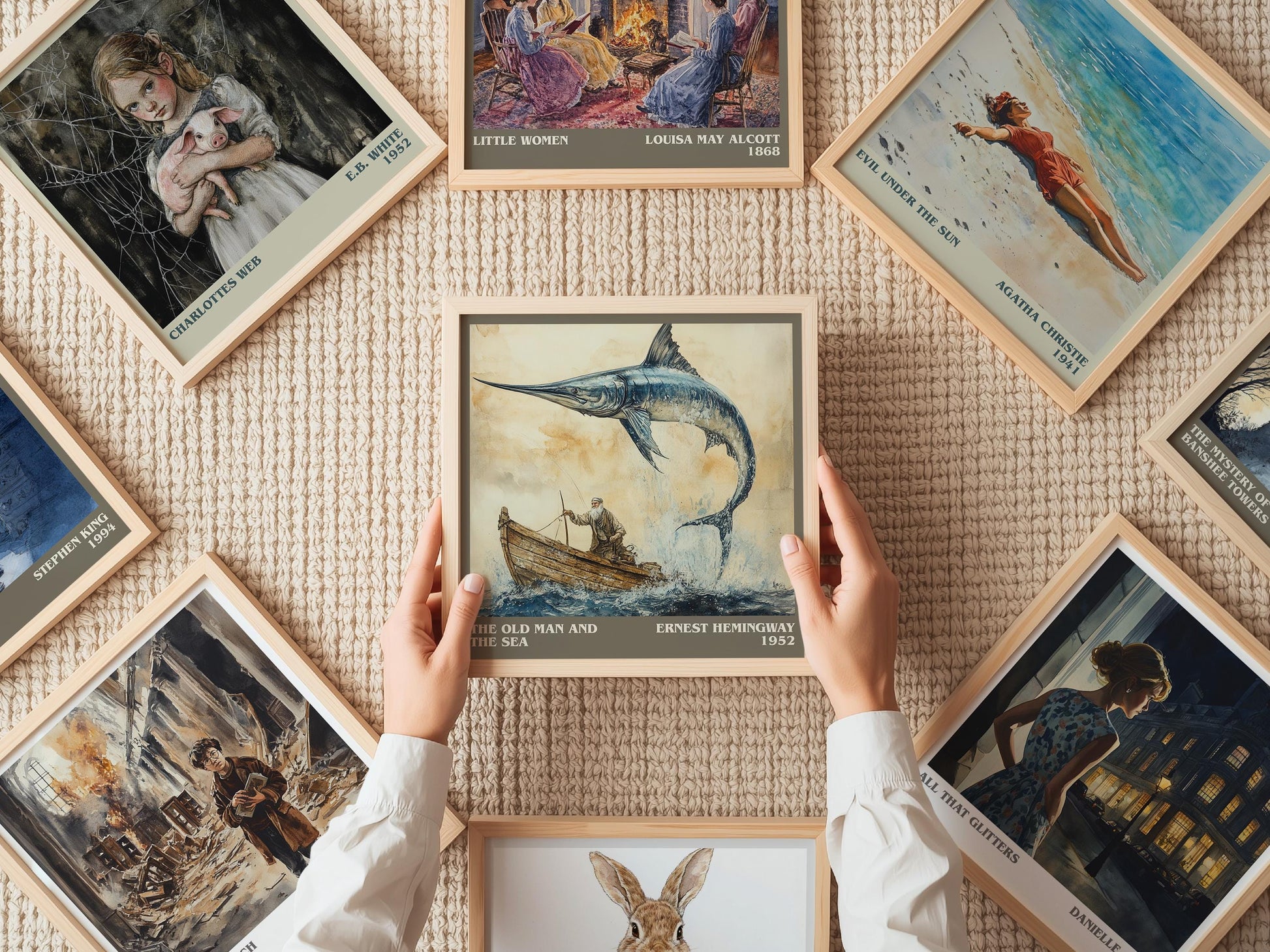The Old Man and the Sea literary print on bookshelf – Ernest Hemingway fan gift