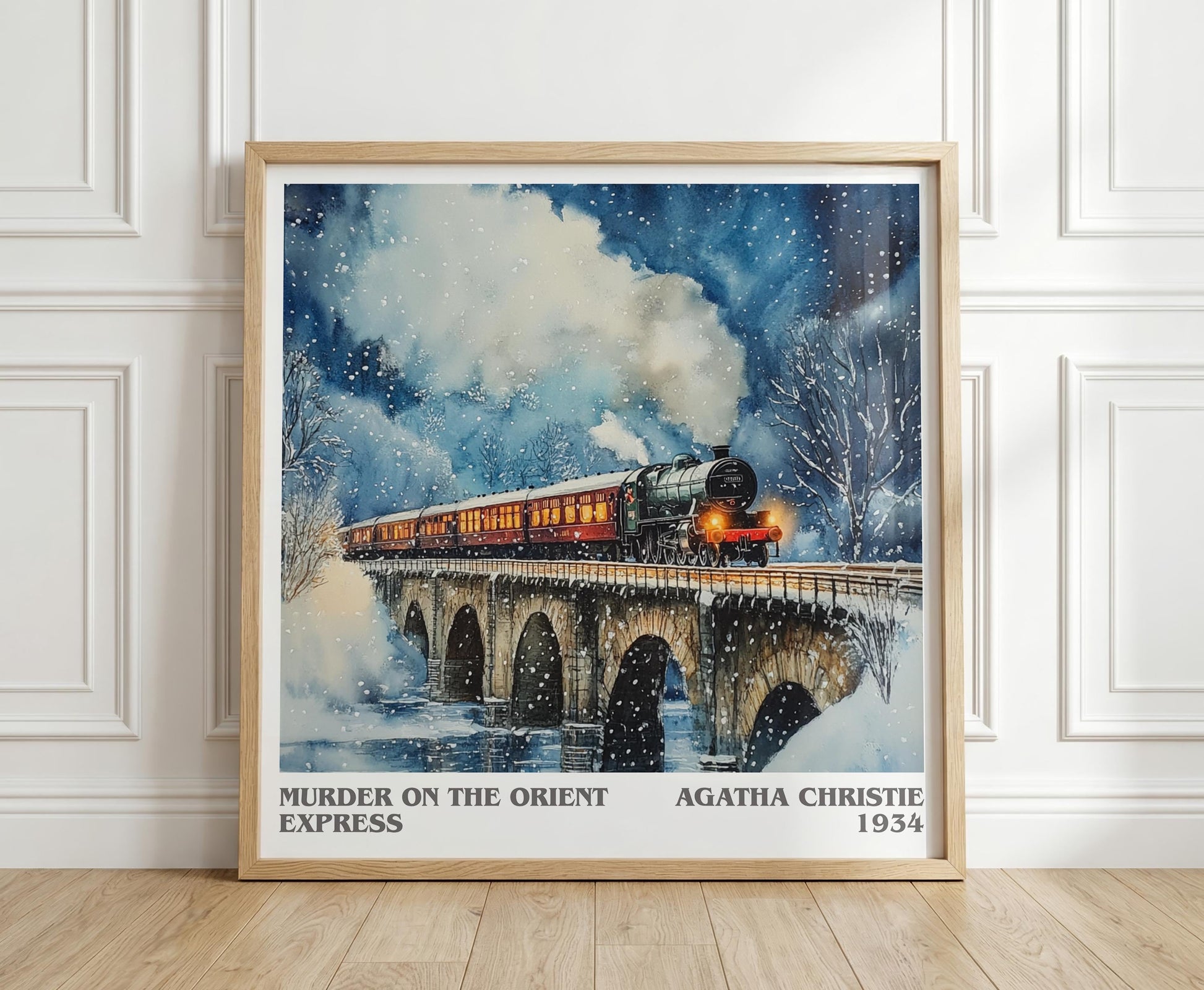 Murder On The Orient Express literary print in frame leaning in hallway – mystery wall art