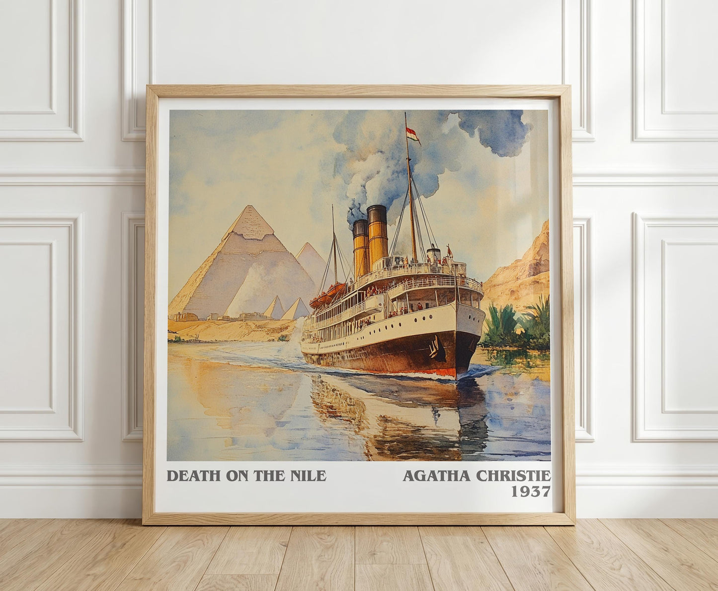 Death on the Nile literary print in frame leaning in hallway – mystery wall art