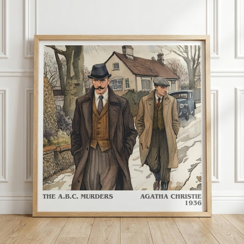 The A.B.C. Murders literary print in frame leaning in hallway – mystery wall art