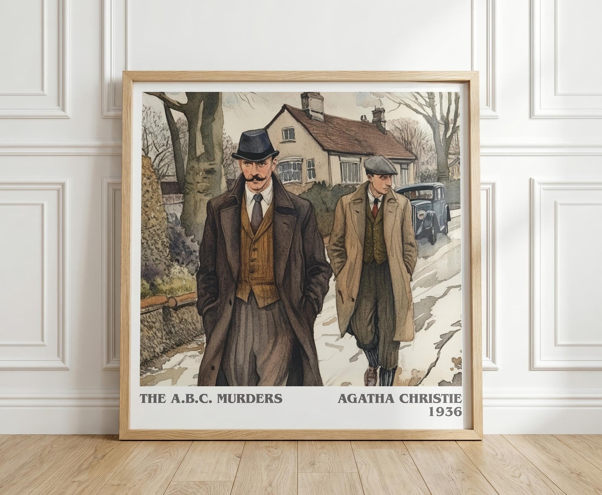 The A.B.C. Murders literary print in frame leaning in hallway – mystery wall art
