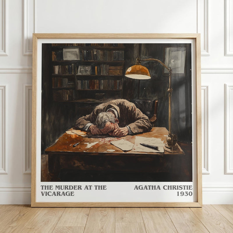 The Murder at the Vicarage literary print in frame leaning in hallway – mystery wall art