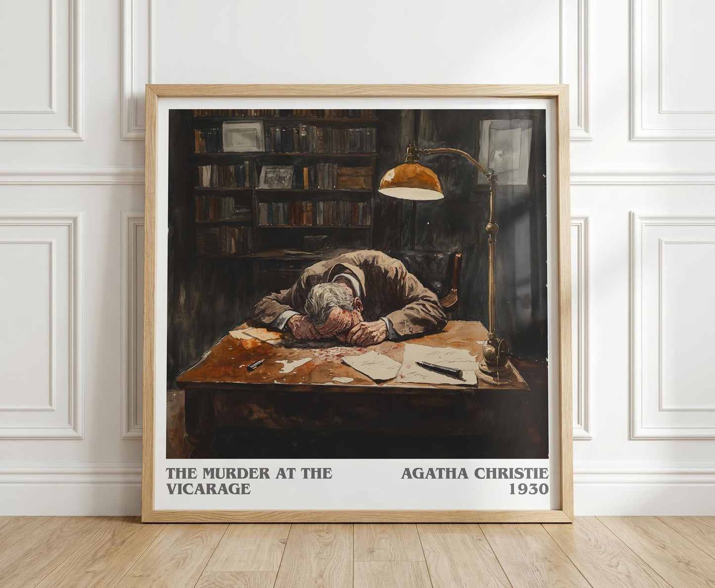 The Murder at the Vicarage literary print in frame leaning in hallway – mystery wall art
