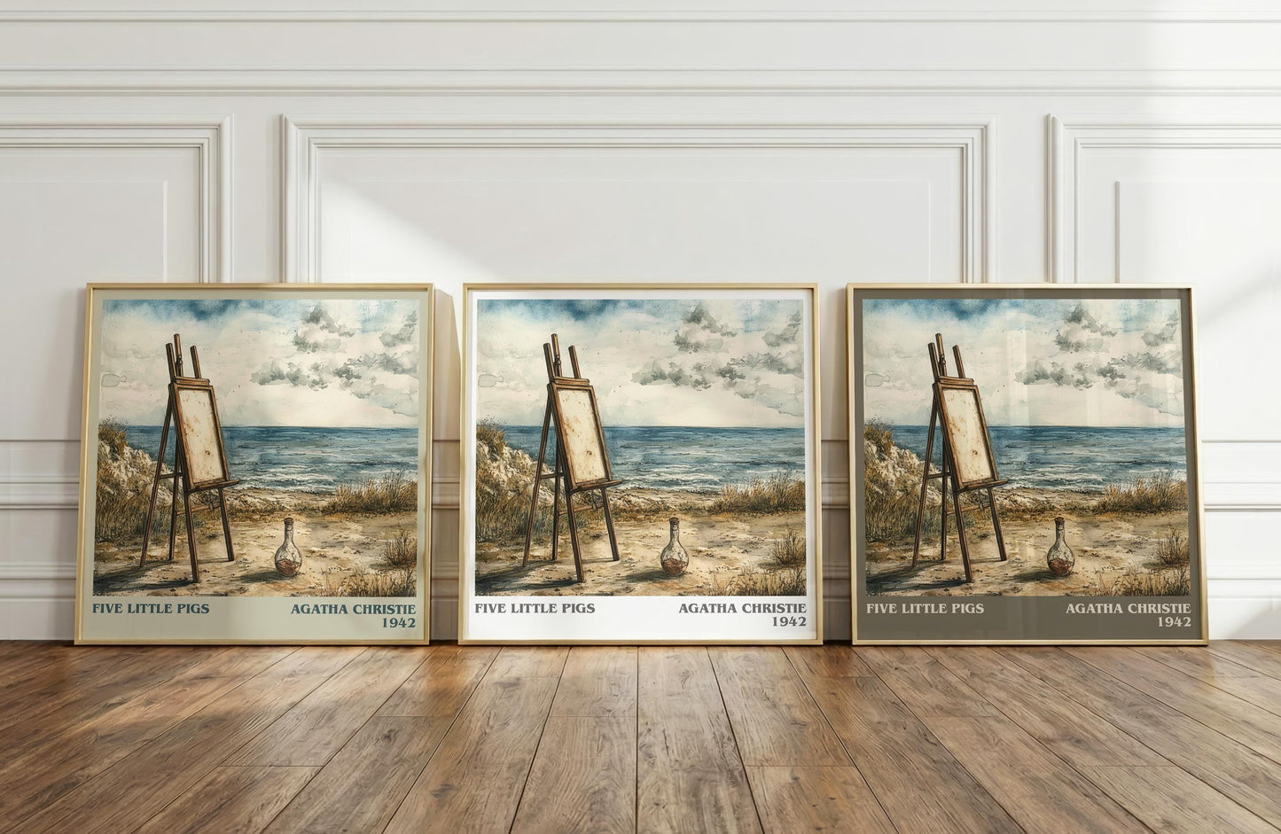 Five Little Pigs literary print framed by window – literary home decor