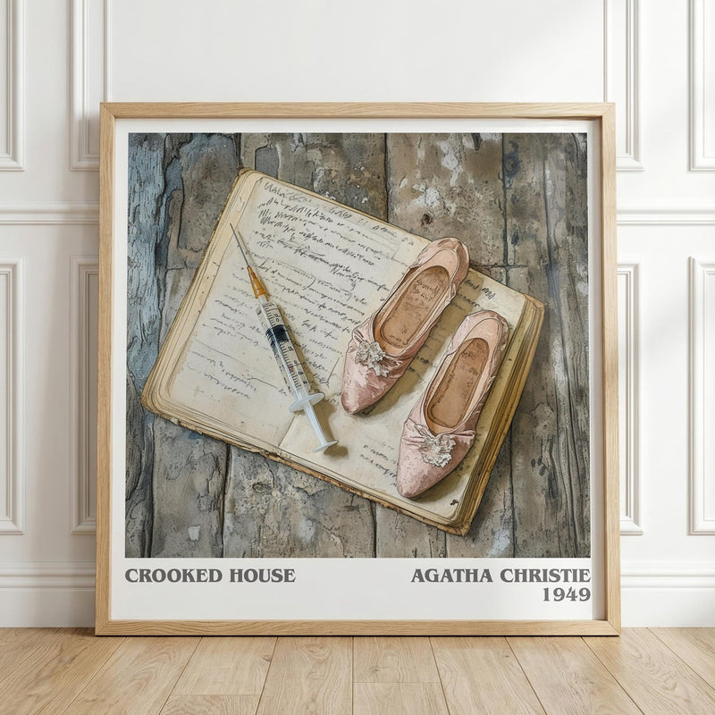 Crooked House literary print in frame leaning in hallway – crime wall art