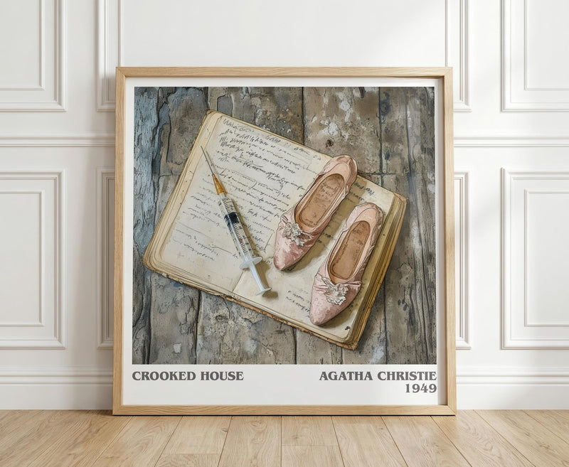 Crooked House literary print in frame leaning in hallway – crime wall art