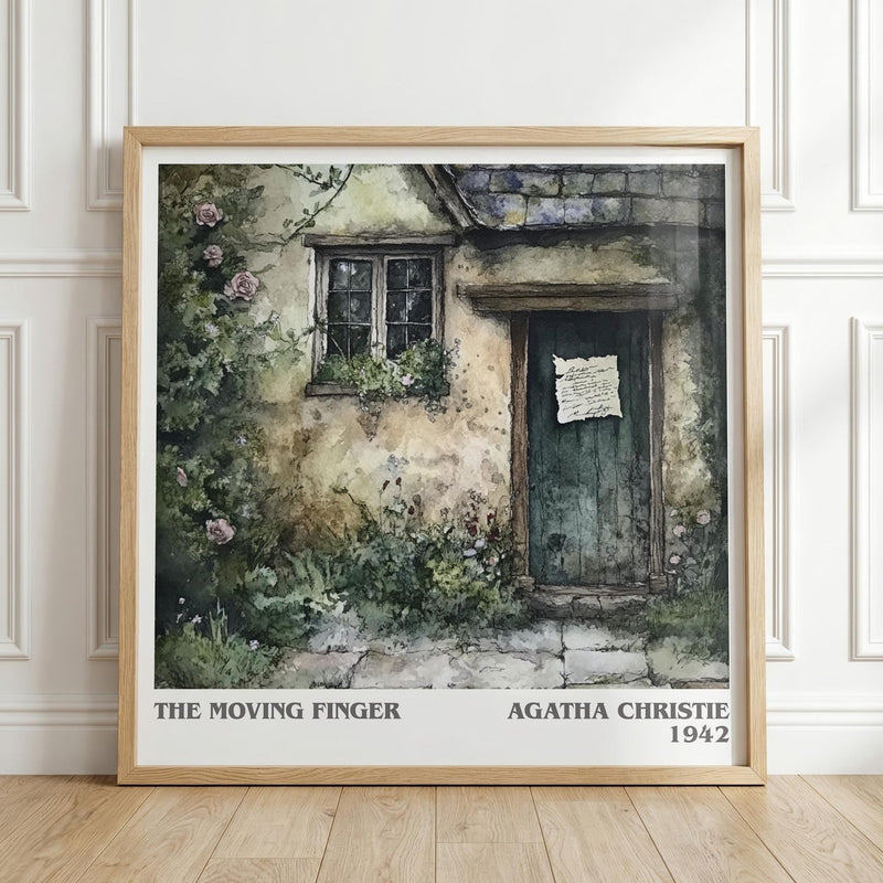 The Moving Finger literary print in frame leaning in hallway – mystery wall art