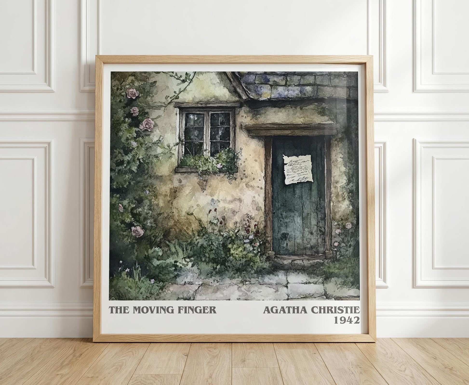 The Moving Finger literary print in frame leaning in hallway – mystery wall art