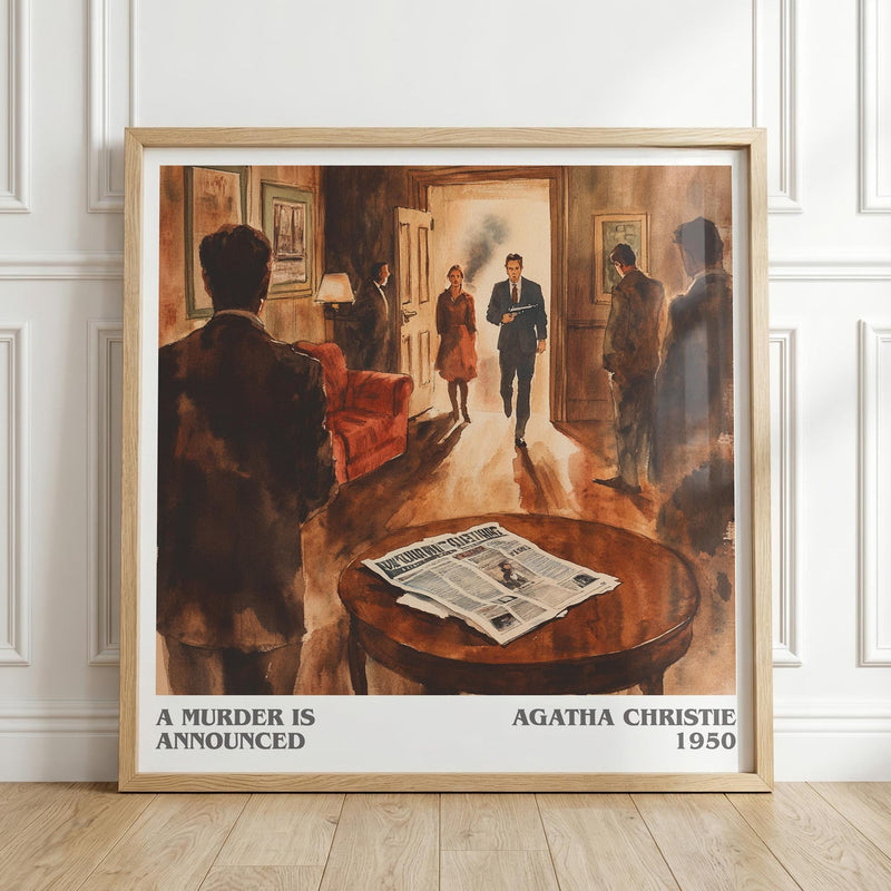 A Murder is Announced literary print in frame leaning in hallway – mystery wall art