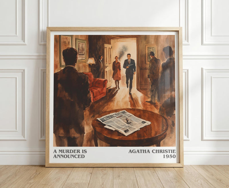 A Murder is Announced literary print in frame leaning in hallway – mystery wall art
